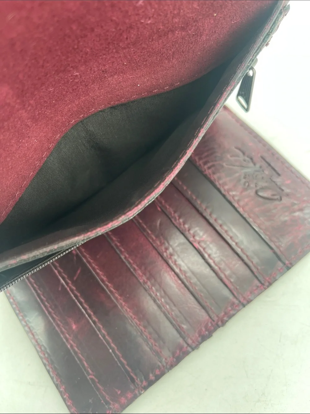 Patricia Nash Embossed Leather Tassel Wallet/Clutch Burgundy